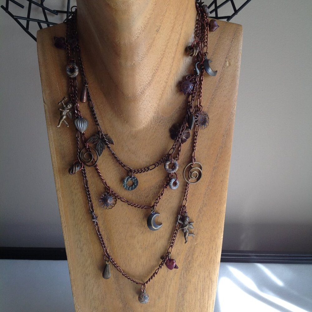 Vintage Long Strand Charm Victorian Necklace Cherub Angels Moon Sun Heart Charms
